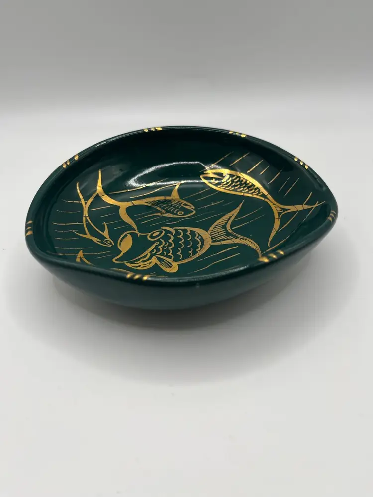 Trinket Dish Bowl Redware Ceramic Hand Painted Fish Green Gold