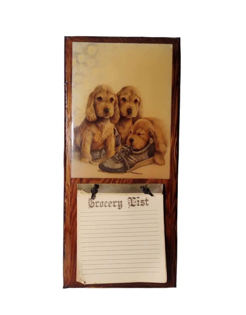Vintage Wooden Decoupage Dog Grocery List Hanging Decor Retro Lacquered Brown