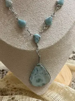 Larimar Teardrop Station Wire wrapped Necklace & Pierced Earrings Set