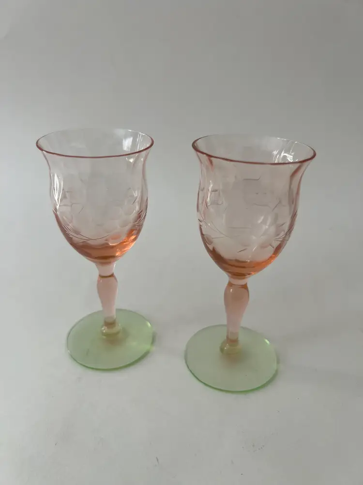Tiffin Watermelon Glassware. (2) Etched Depression Uranium Glass Pink & Green Cordial Glasses. Glows