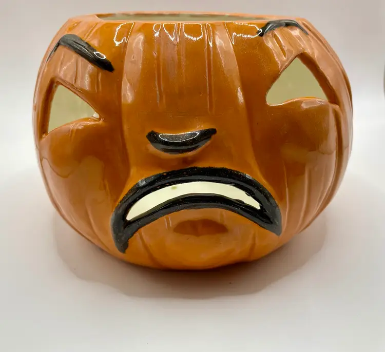 VTG Halloween Jack O Lantern Candle Holder 2 Faced Sided Scary & Shocked Ceramic