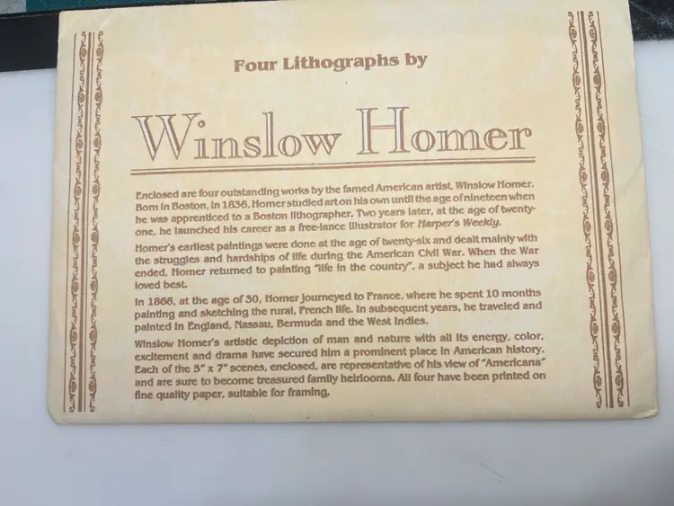 Winslow Homer 5x7 Lithograph Set (4) Americana Prints+Original Envelope