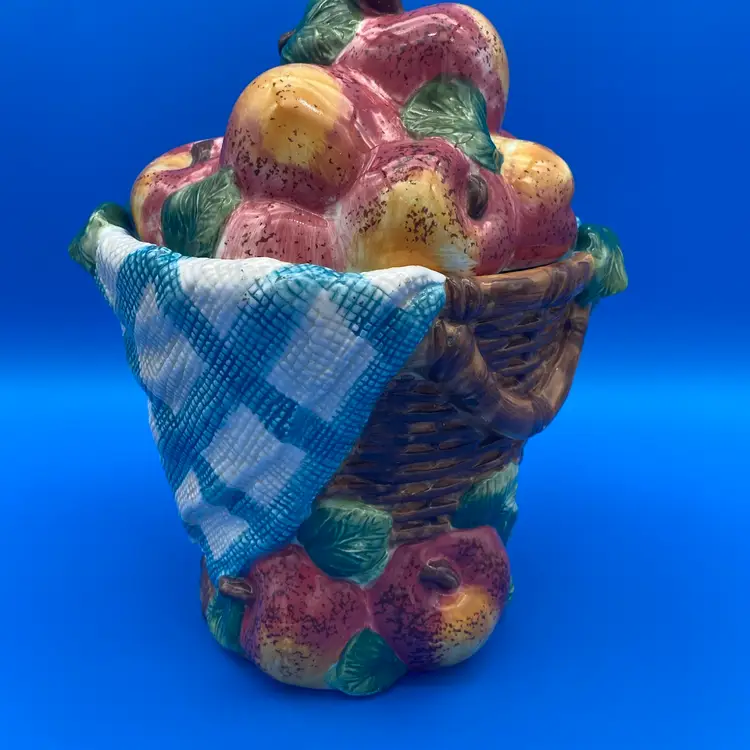 Garden Ridge Ceramic Apple Picking Basket Cookie Jar w/ Lid
