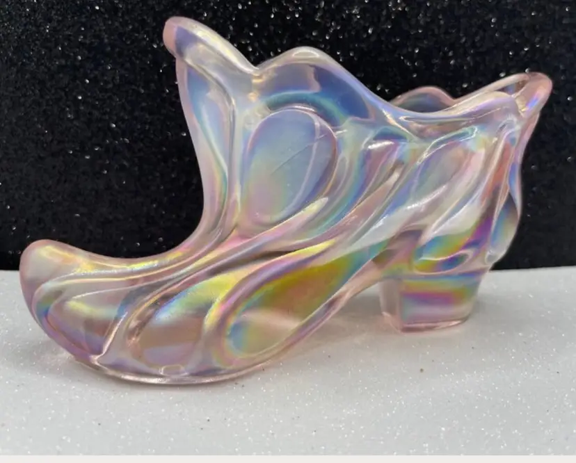 1990s Fenton Pink Iridescent Carnival Swirl Design Glass Slipper Shoe • 5"L