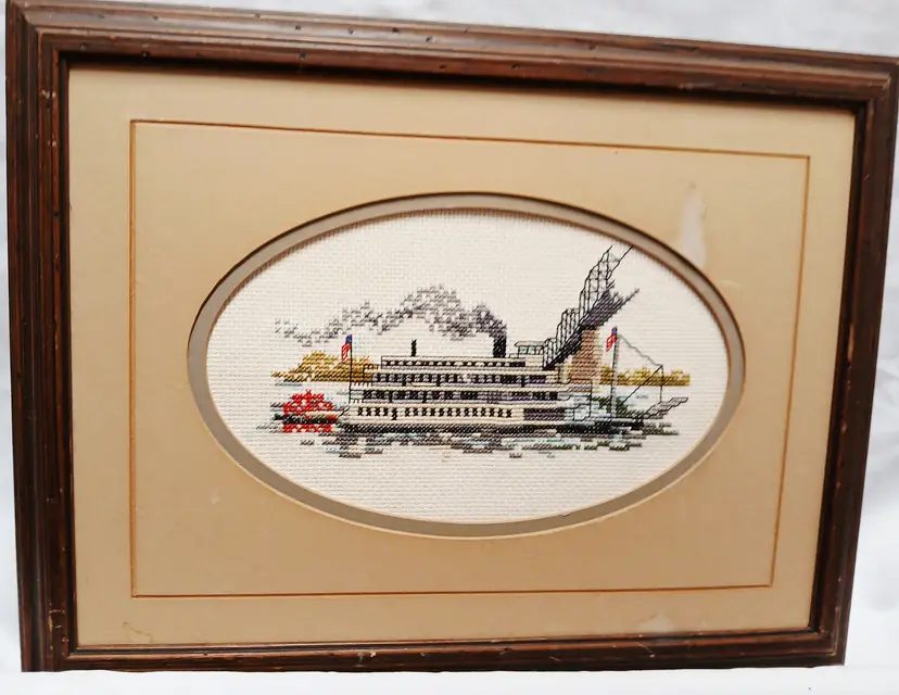 Vintage Steamboat Cross-Stitch Wall Art