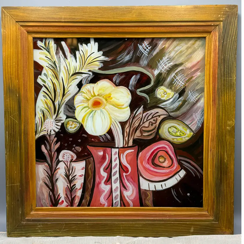 RomaniaMC Modernist Expressionist Floral Still Life Painting by Georgeta-Elena Eneșel 15.5”