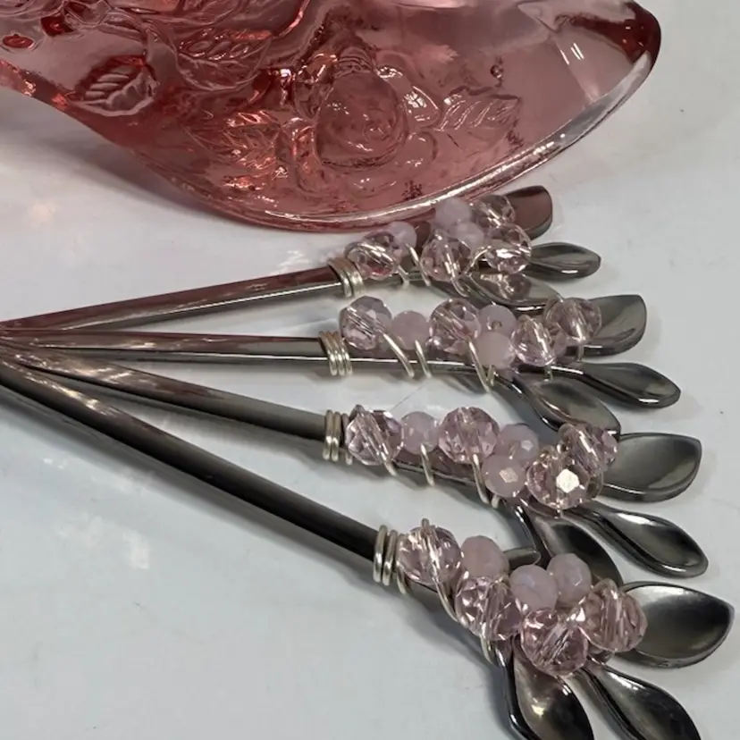 Set Of Spoons: Pink Beads Fenton Dusty Pink Glass Pieces