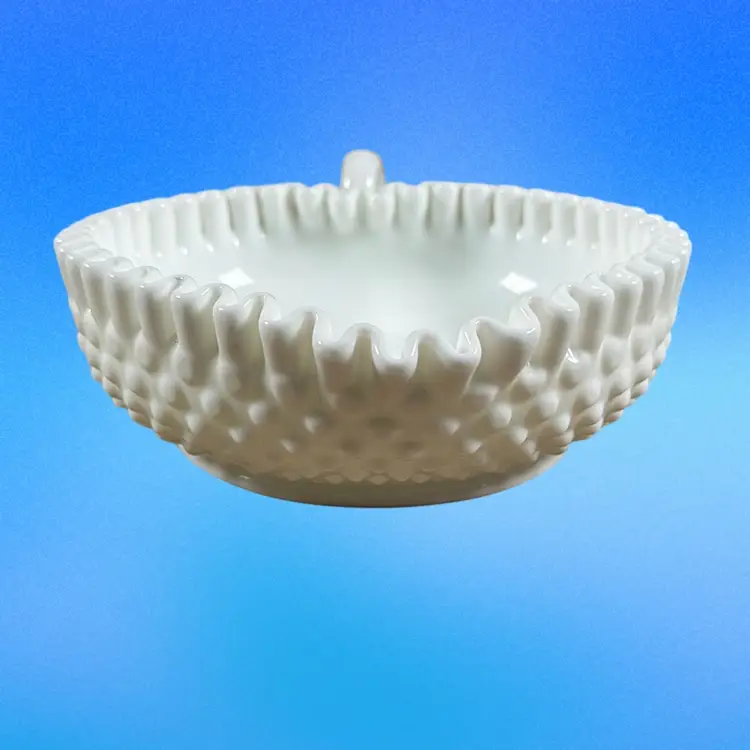 Fenton Hobnail Milk Glass Crimped Heart Handled Candy Dish 8”