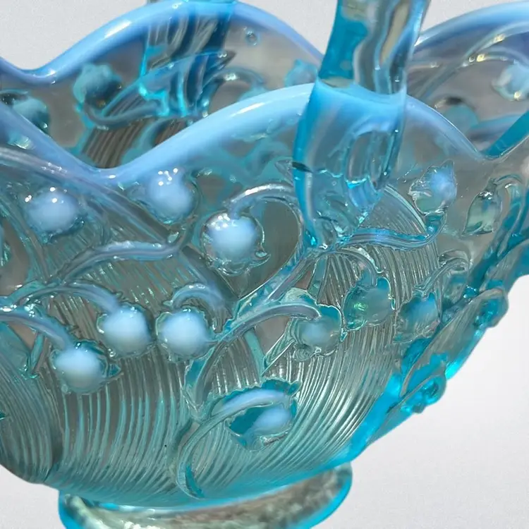 Vintage Fenton blue opalescent "Lily of the Valley" glass basket with Applied Glass bamboo Style handle. 1970’s, 6” Wide Stamped Bottom