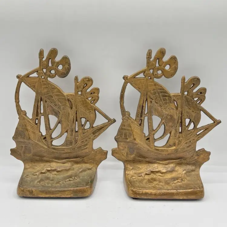 Pair Vintage Cast Iron Brass Color Ship Galleon Nautical Bookends Door Stops