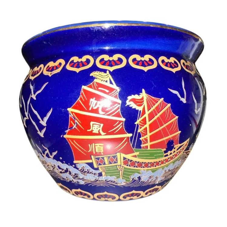 Vintage Chinese Satsuma-Style Porcelain Planter - Bowl Fish Ships Birds “As is” 3 3/4”T X 5”Diam.