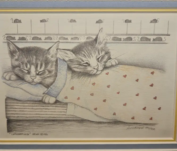 Signed Sue Rupp 1991 "Catnapping" Framed Matted Art Print 196/950