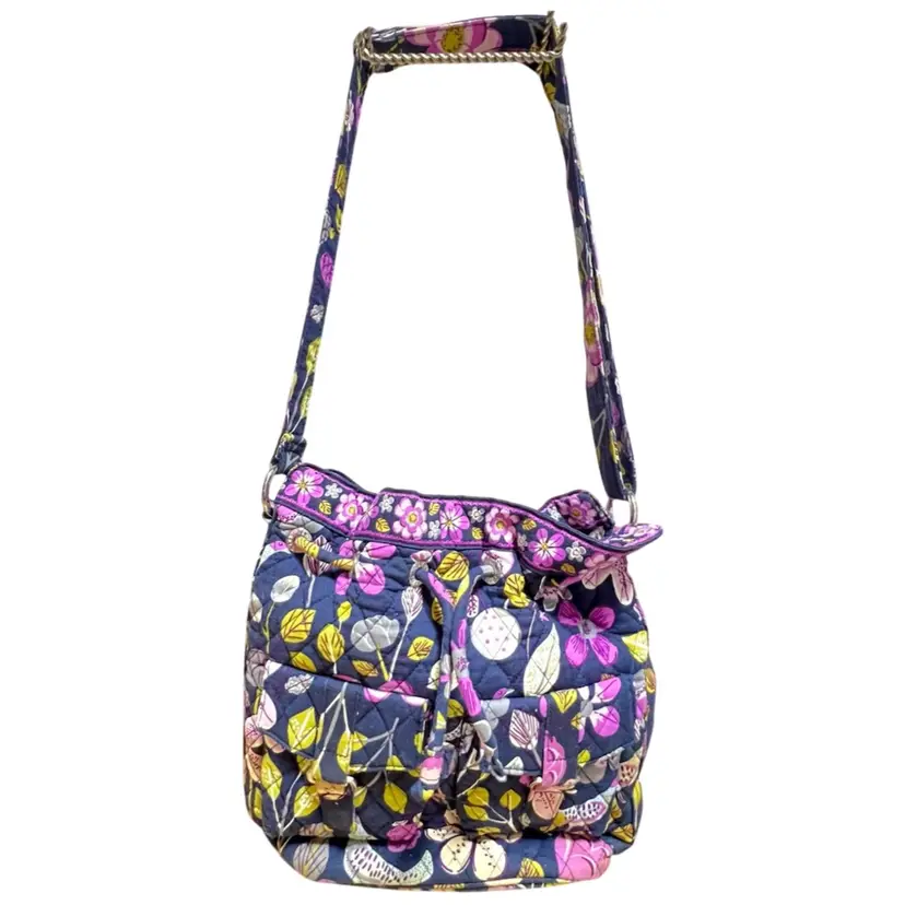 Vera Bradley Navy Blue, Purple, & Green Drawstring Shoulder Bag. Flower, Leaf, And Bird (Partridge?) Design. Adjustable Strap.