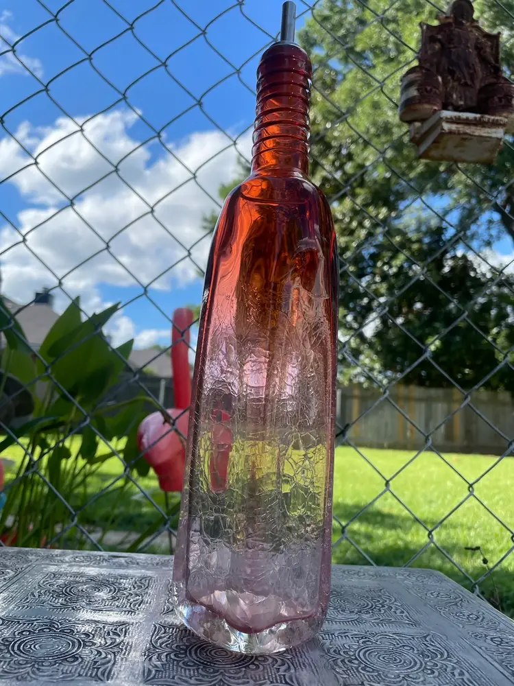 Jonathan Poirier Vintage Hand Blown Signed Crackle Glass Oil Bottle