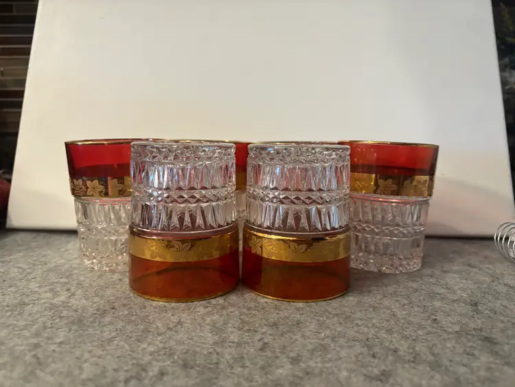 Set of 6 Vintage Ruby Glass Cocktail Glasses With Gold Trim  # 3001