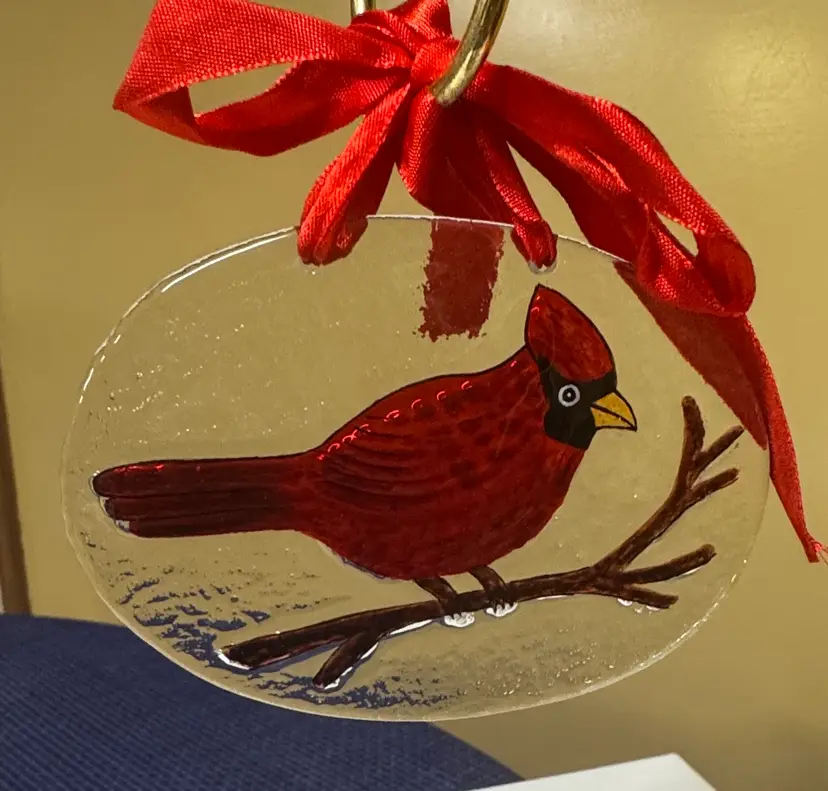 Cardinal Glass Ornament Suncatcher reverse painted textured 4.5” by 3”