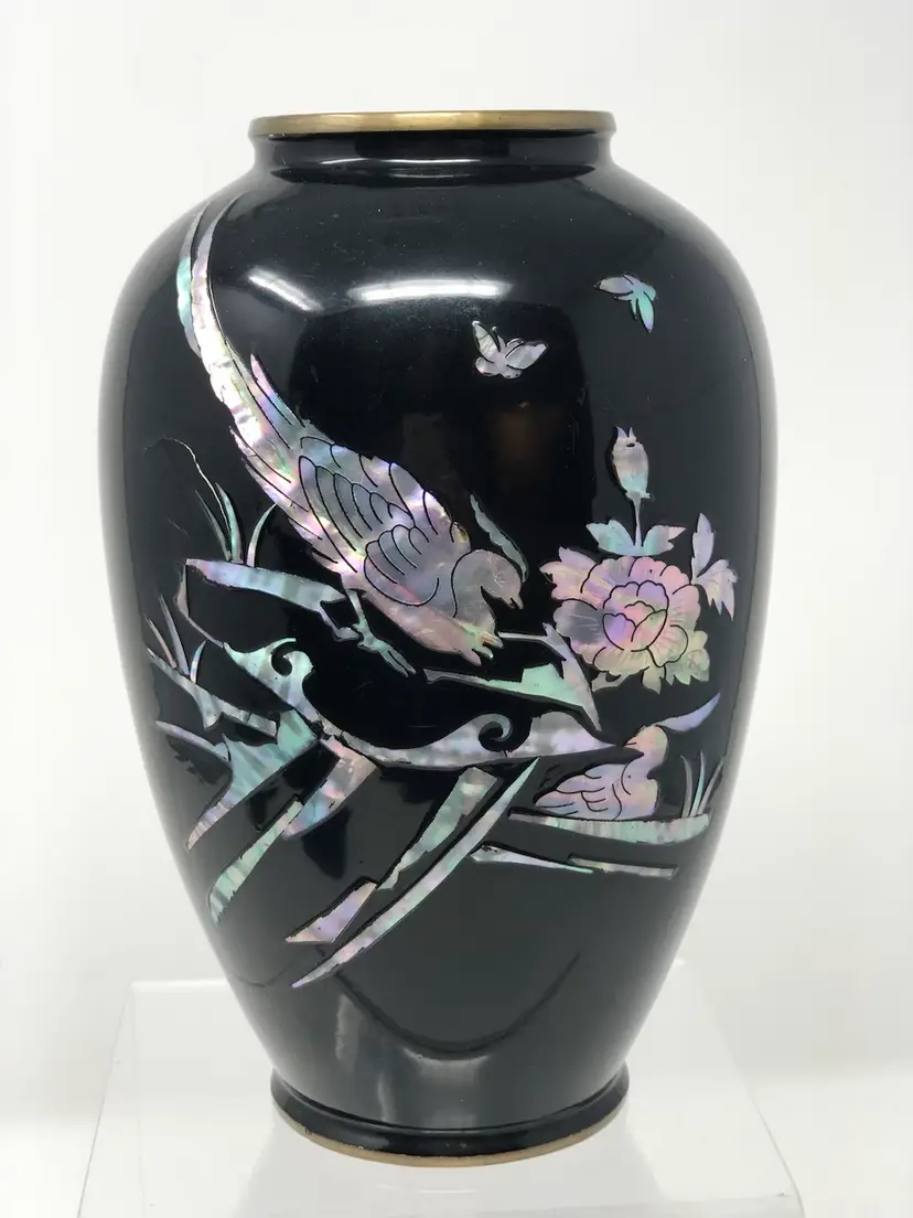 Black Brass Vase with Inlaid Mother-of-Pearl Birds