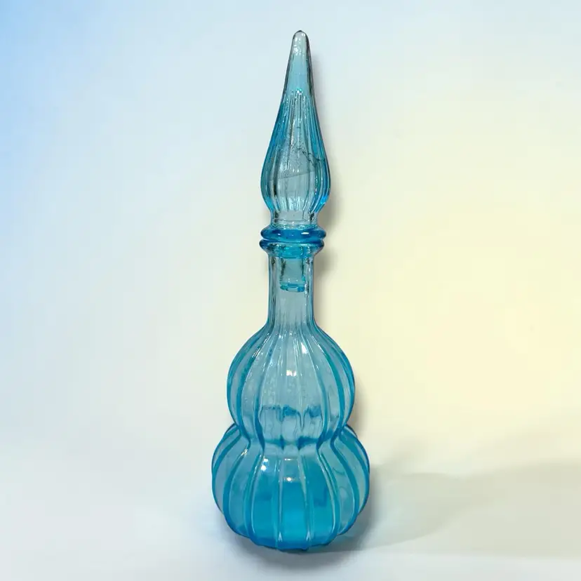 VTG MCM Empoli Blue Art Glass Genie Bottle Decanter w/ Flame Stopper Italy 1960s