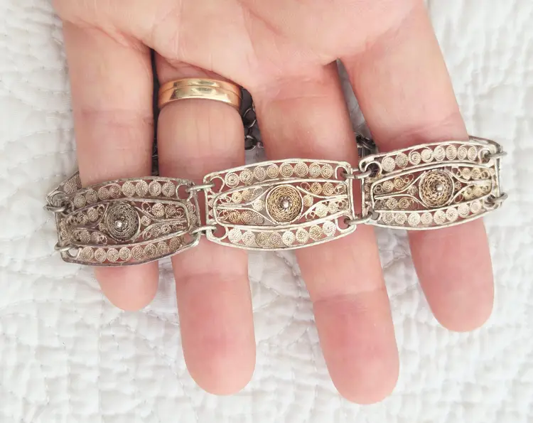 Antique Sterling Silver Hand Wired Filigree Bracelet with Heart Charm