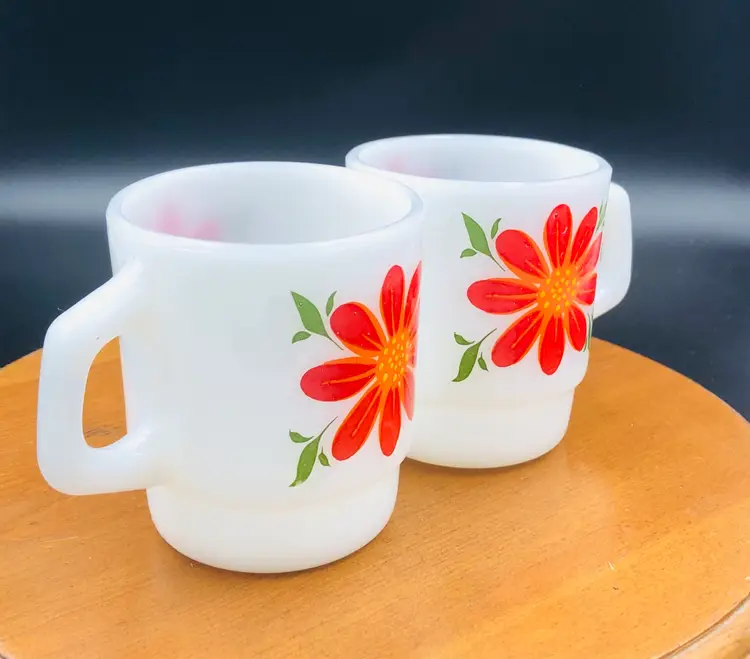 2 Fire King Oven Safe Poppy Milk Glass Coffee Cups