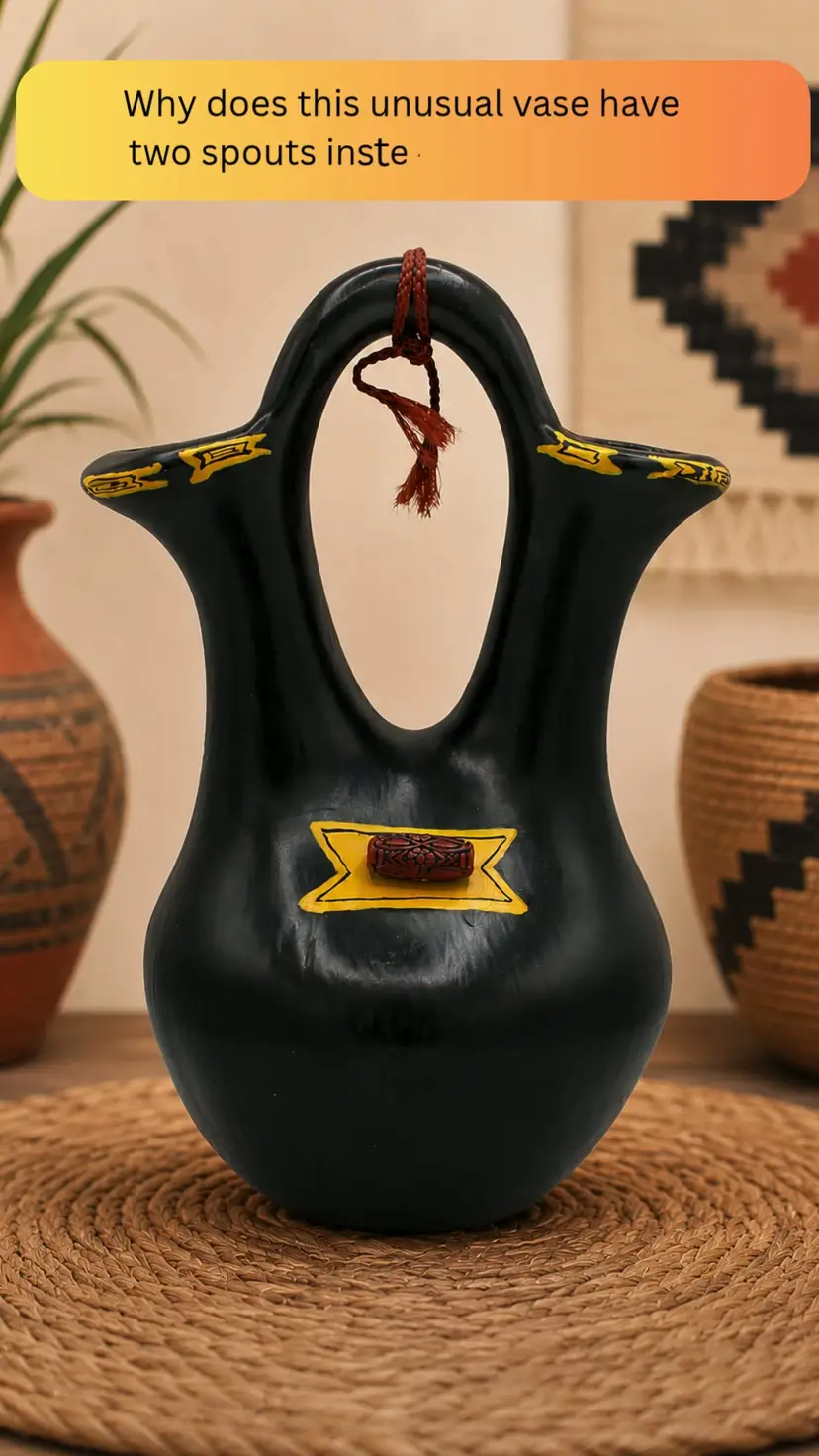 Vintage Pueblo Style Wedding Vase Hand Painted Black Ceramic Native Inspired 9"