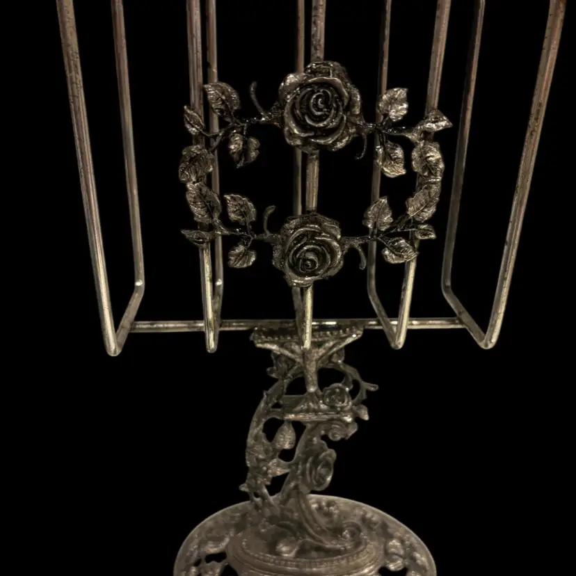 Vintage Ornate Silver Tone Rose Napkin Holder / Letter Rack - Victorian Style