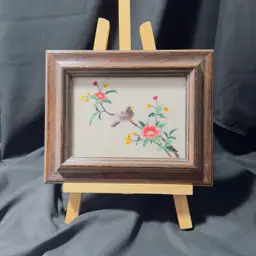 #1911 Vintage Framed Chinese Silk Embroidered Needlework Hand Sewn Bird on a Branch with Flowers