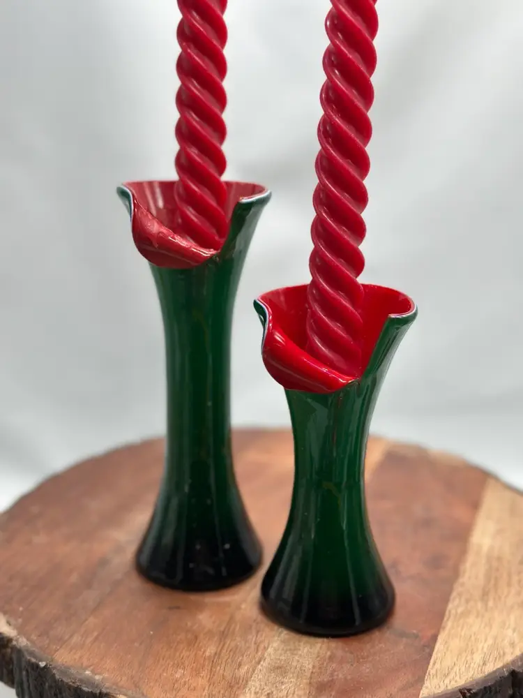Blown Glass Red Green Cased Jack In The Pulpit Style Vase Candle Holder Pair