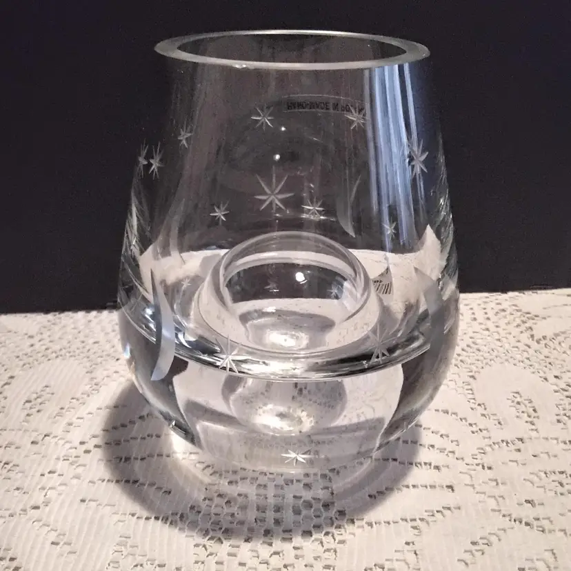 Blown Crystal Moon & Stars Etched Clear Bubble Art Glass Vase