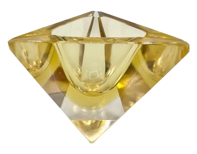 Vintage Murano Sommerso Art Glass Faceted Ashtray Triangle Prism Yellow READ