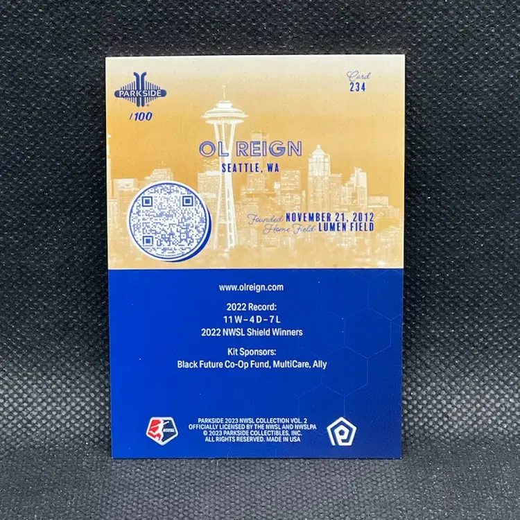 OL Reign 2023 Parkside NWSL Shimmer /100 Soccer Card Seattle Reign