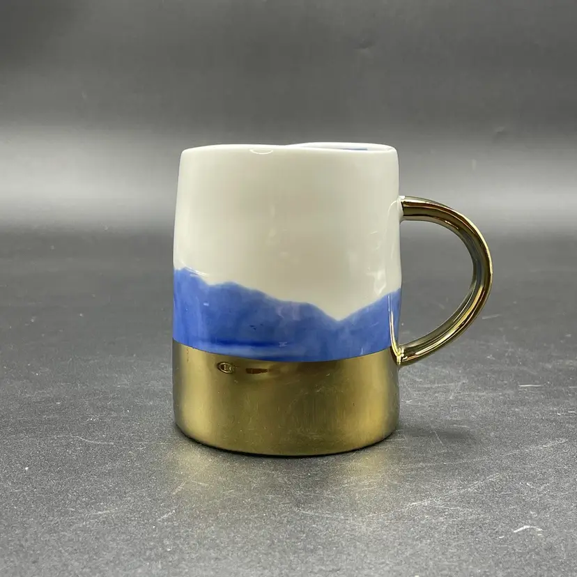 Anthropologie Tamatoa Hand Painted Gold Blue White Coffee Mug Cup Drinkware