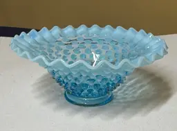 Fenton Blue Opalescent Hobnail Glass Bowl Ruffled Edges 7.25” X 3”