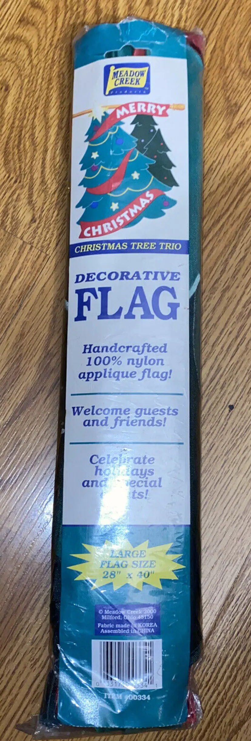 Meadow Creek Merry Christmas Tree Trio Flag Yard Large 28” X 40” NOS Vtg 2000