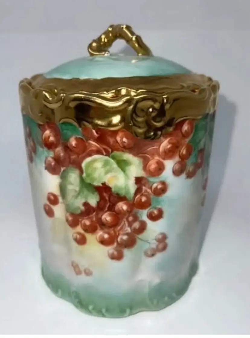 Handpainted Berries w/ Gold Details Porcelain Canister Biscuit Cookie Jar Signed