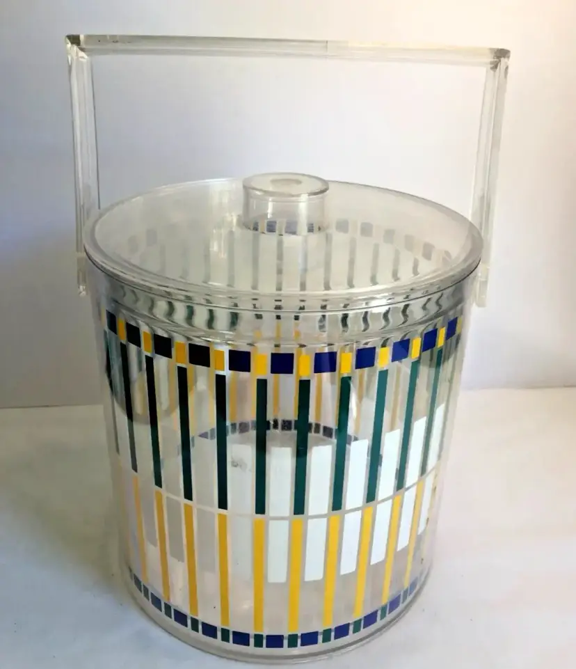 Vintage Stotter Acrylic Plastic Ice Bucket 1980s Green Blue Yellow White Stripe