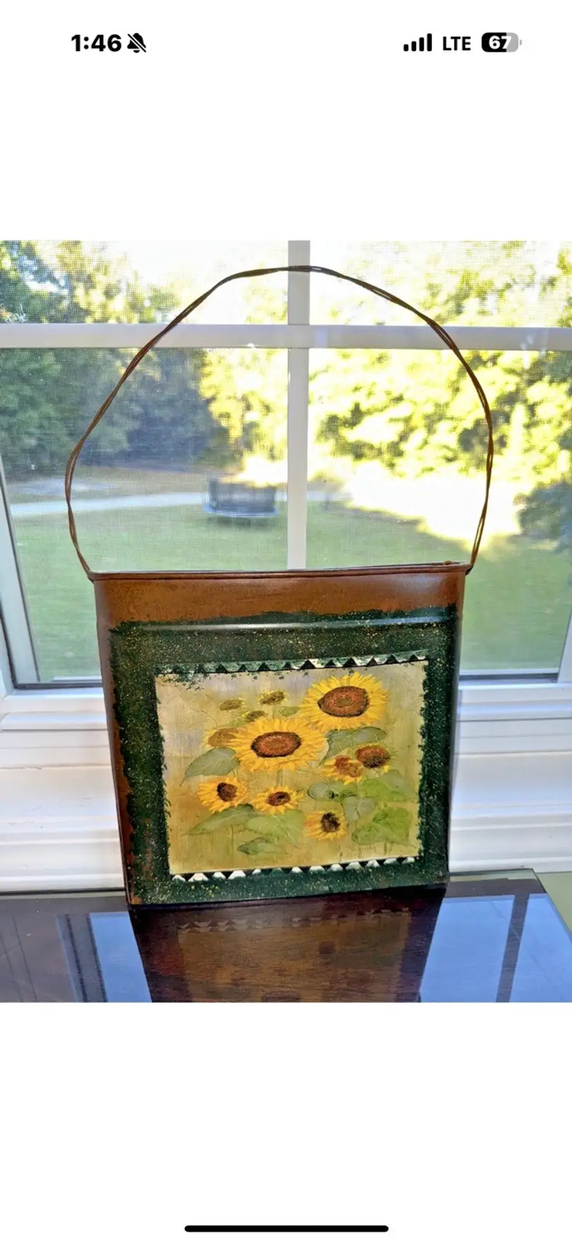 Hanging tin wall pocket with hand painted sunflowers ; fall decor; boho, country