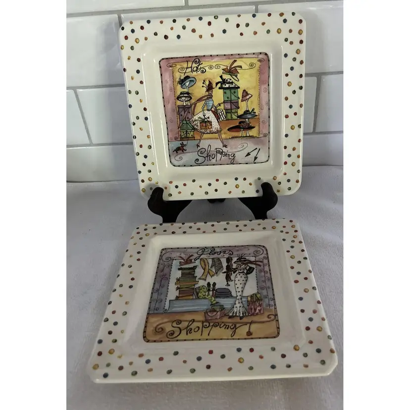 Pair of Brunelli Hats & Gloves Shopping Italy Girl Square Decorative Plates