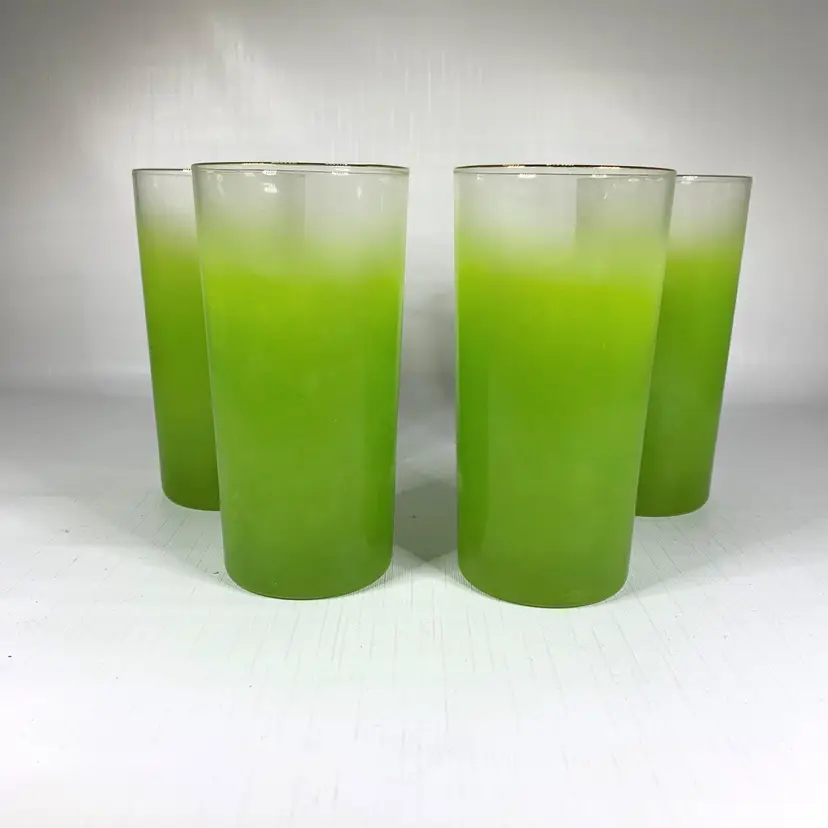 Green Frosted Glass Blendo Tumblers Tom Collins Set 4 Mid Century 1960s Vintage