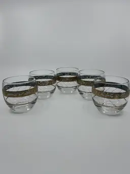 5 Mid Century Roly Poly Culver Glasses W Gold&Silver Blue Band &Diagonal Stripes