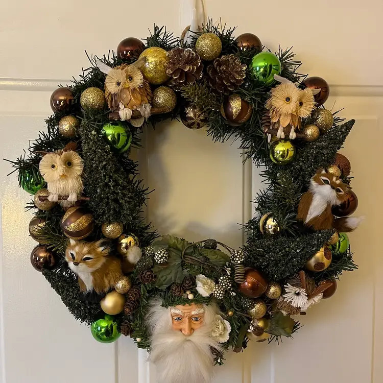 Rustic WOODLAND Santa Christmas Wreath Owls Critters Holiday CUSTOM Handmade 14"