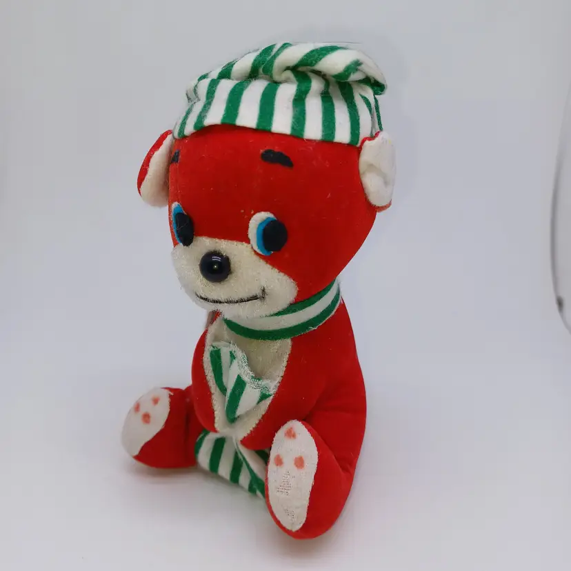 Vintage Dakin Dream Pet Red Christmas Bear green stripe hat scarf bow 1950s