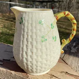 Belleek Shamrock Basketweave Pitcher/ Jug / Vase. Made In Ireland. 6”h.