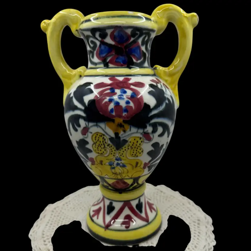 Hand-painted Spanish Style ceramic vase with yellow handles and floral motifs. 2 Chips As Pictured