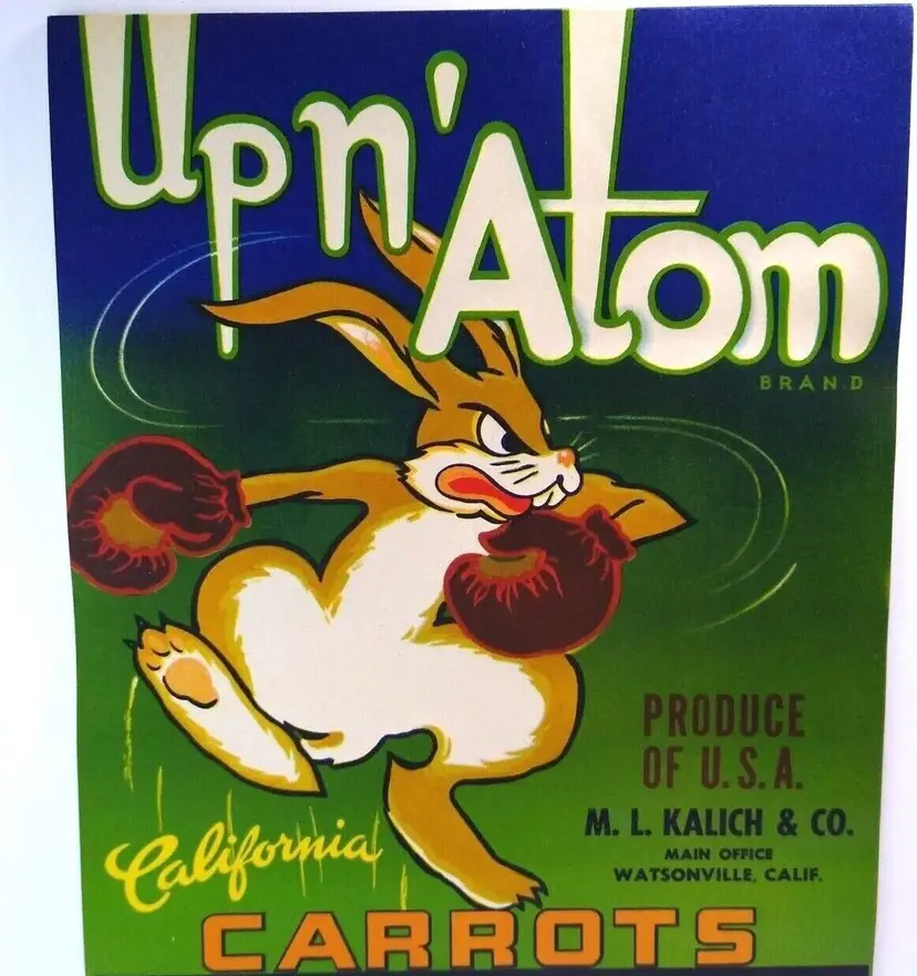 Up N Atom Boxing Gloves Bunny Rabbit Carrots Crate Label Original 1940's Boxer