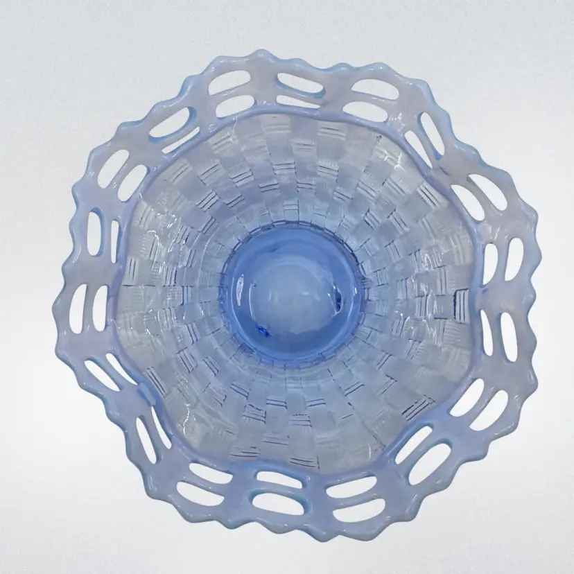 Fenton Glass Candy Dish Berry Bowl Open-Edge Basketweave Blue Opalescent 
2” T x 7.25” W