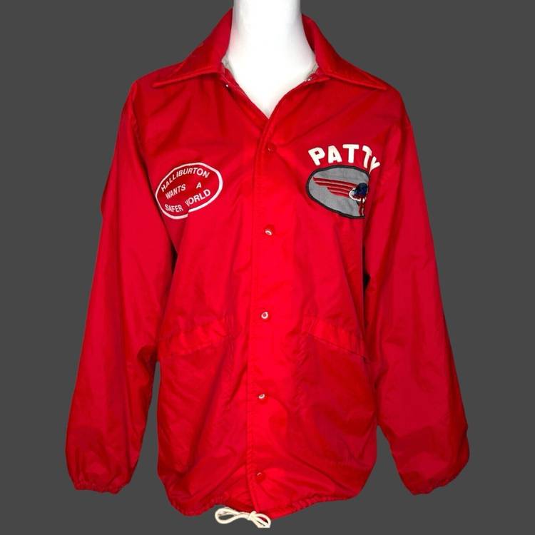 70s Red Halliburton Vintage Logo Patch Safer World PlaJac Windbreaker