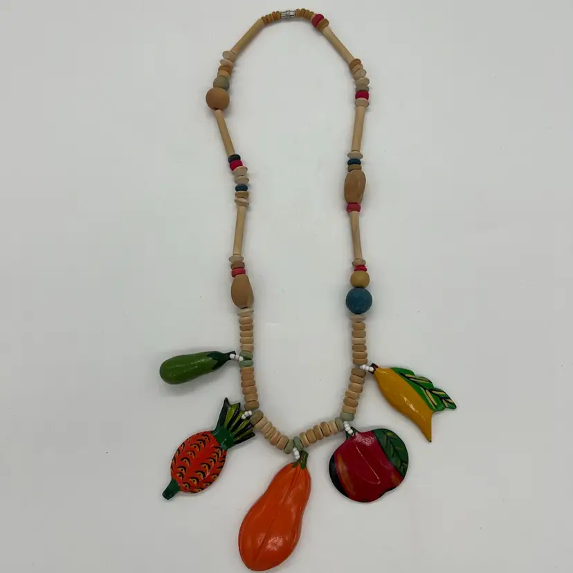 Vintage Wood Bead Fruit Necklace Tropical Barrel Clasp Banana Pineapple