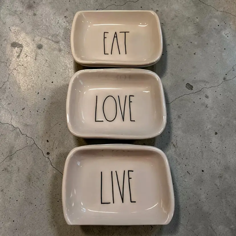 Rae Dunn 3 Piece Snack Serving Eat, Live, and Love Trays Plates Dipping Bowls