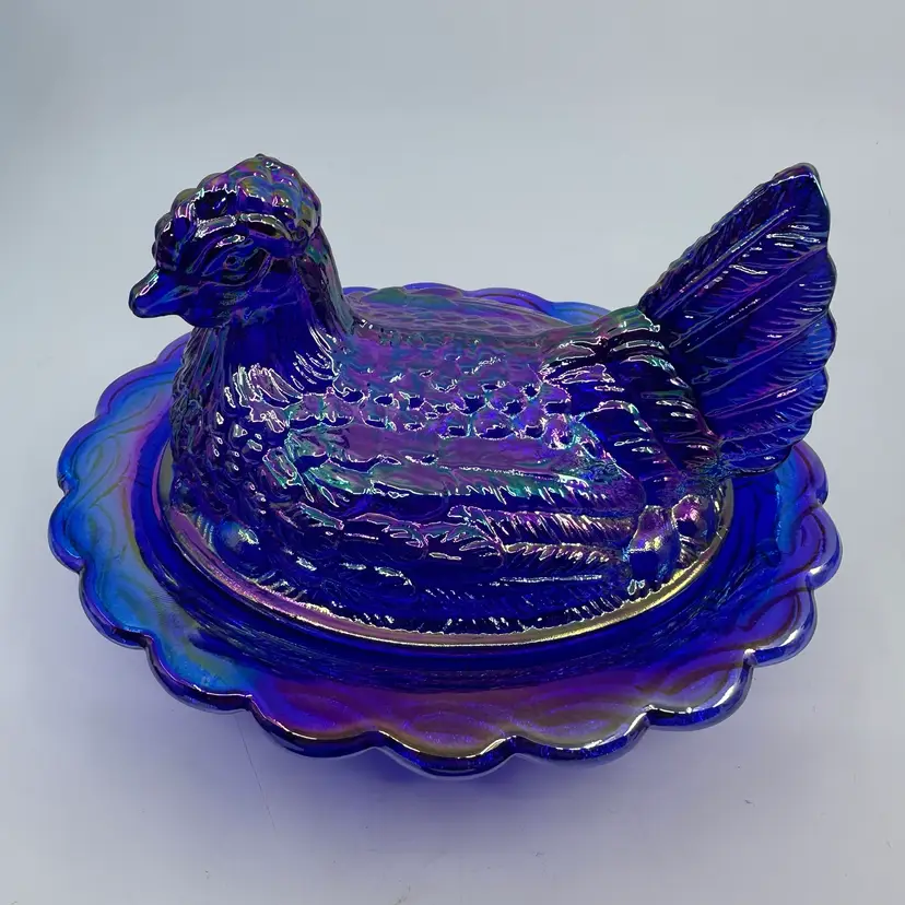 Mosser Blue Carnival Glass Hen On Nest 6.5”